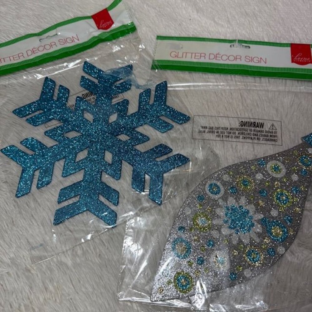Set of 2 Home Accents Snowflake Ornament Blue Silver Glitter Decor Hanging Signs